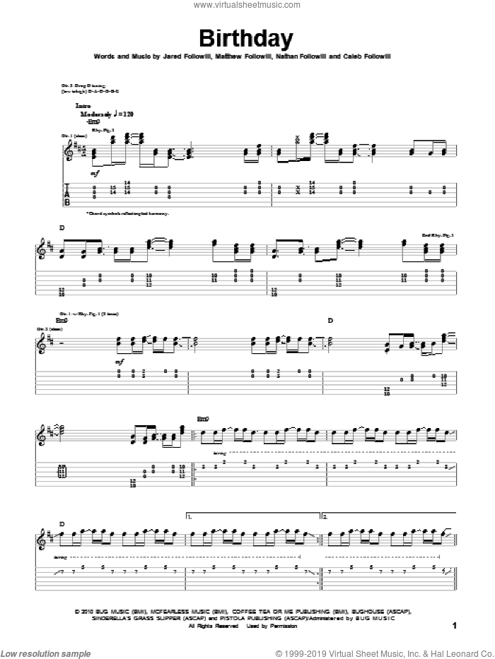 Birthday sheet music for guitar (tablature) by Kings Of Leon, Caleb Followill, Jared Followill, Matthew Followill and Nathan Followill, intermediate skill level
