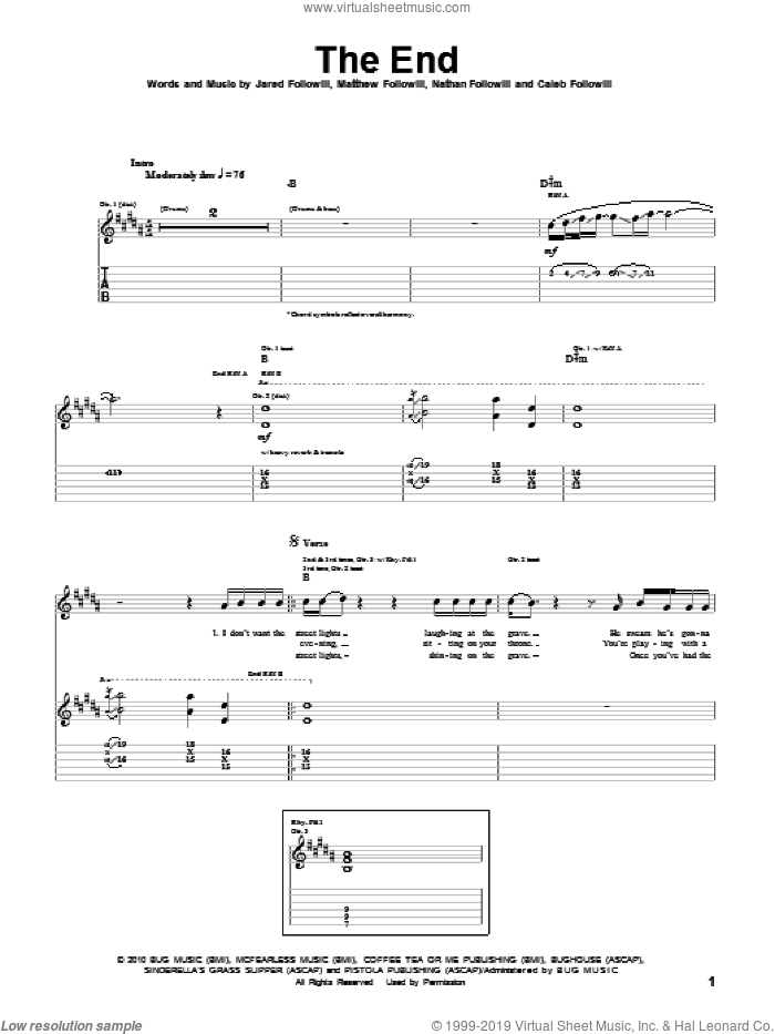 The End sheet music for guitar (tablature) by Kings Of Leon, Caleb Followill, Jared Followill, Matthew Followill and Nathan Followill, intermediate skill level