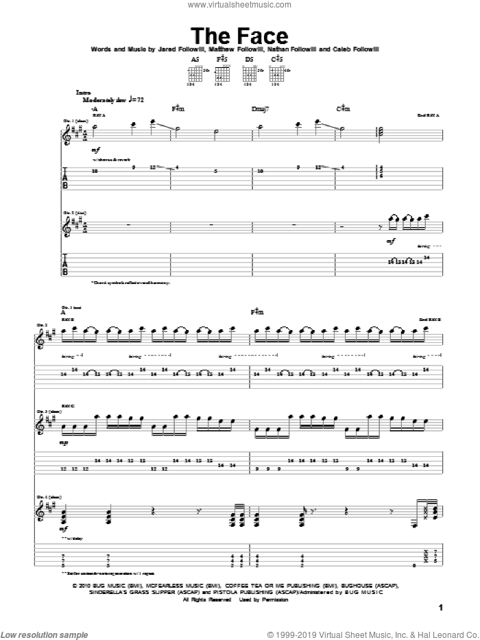The Face sheet music for guitar (tablature) by Kings Of Leon, Caleb Followill, Jared Followill, Matthew Followill and Nathan Followill, intermediate skill level