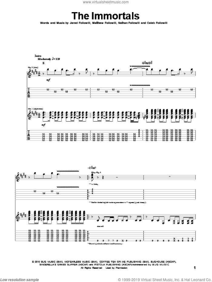 The Immortals sheet music for guitar (tablature) by Kings Of Leon, Caleb Followill, Jared Followill, Matthew Followill and Nathan Followill, intermediate skill level
