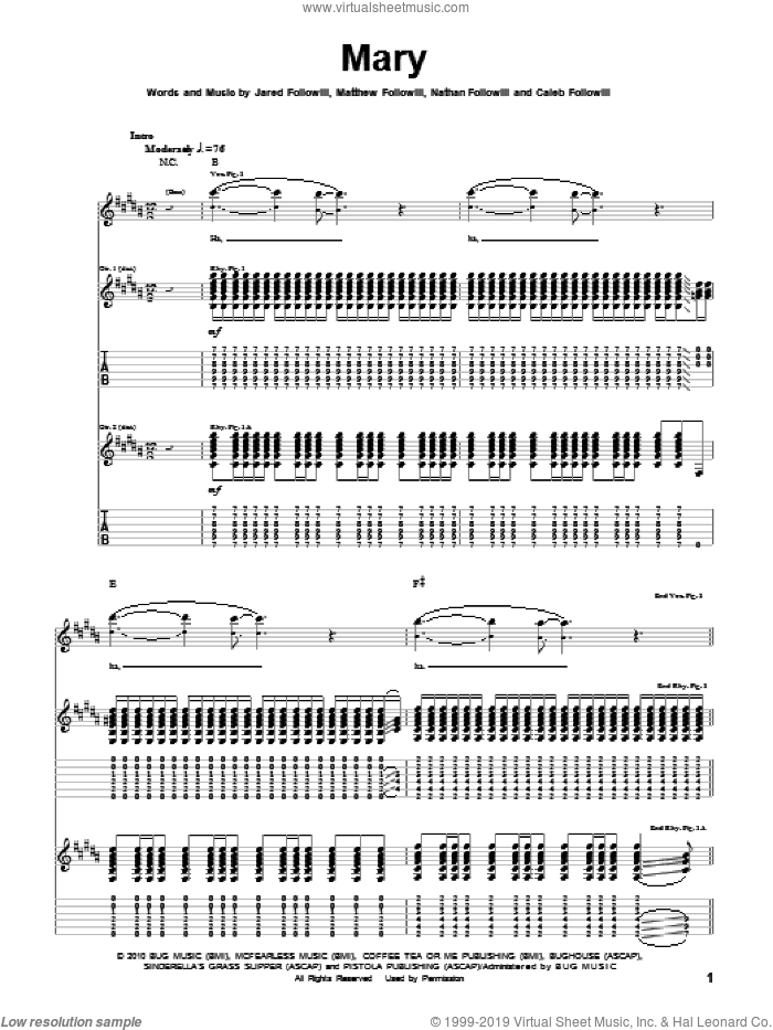 Mary sheet music for guitar (tablature) by Kings Of Leon, Caleb Followill, Jared Followill, Matthew Followill and Nathan Followill, intermediate skill level