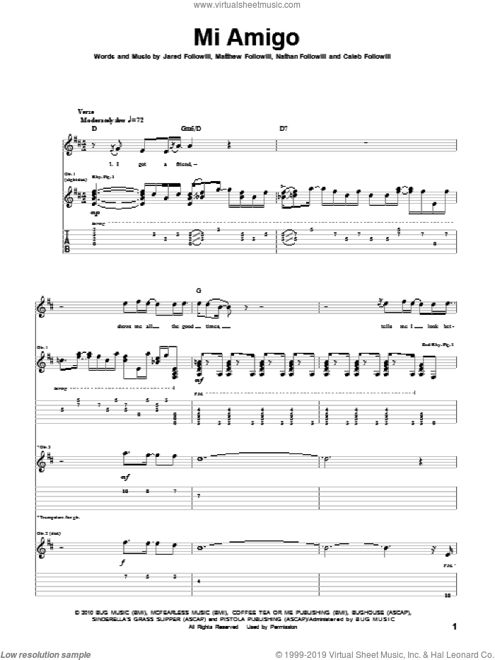 Mi Amigo sheet music for guitar (tablature) by Kings Of Leon, Caleb Followill, Jared Followill, Matthew Followill and Nathan Followill, intermediate skill level
