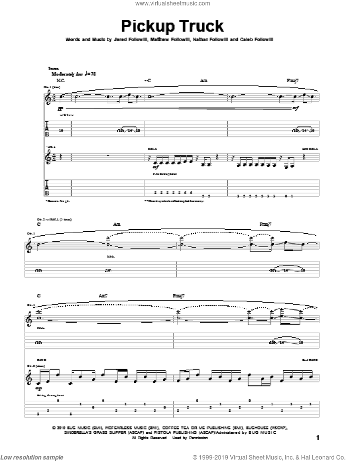 Pickup Truck sheet music for guitar (tablature) by Kings Of Leon, Caleb Followill, Jared Followill, Matthew Followill and Nathan Followill, intermediate skill level
