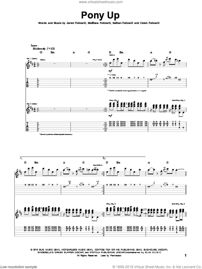 Pony Up sheet music for guitar (tablature) by Kings Of Leon, Caleb Followill, Jared Followill, Matthew Followill and Nathan Followill, intermediate skill level