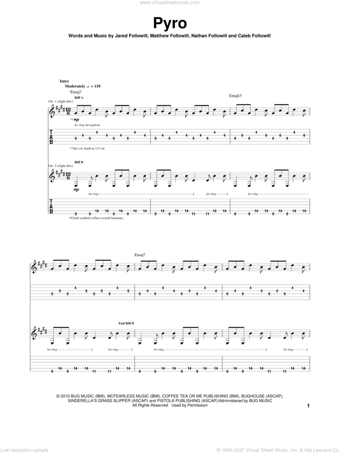 Pyro sheet music for guitar (tablature) by Kings Of Leon, Caleb Followill, Jared Followill, Matthew Followill and Nathan Followill, intermediate skill level