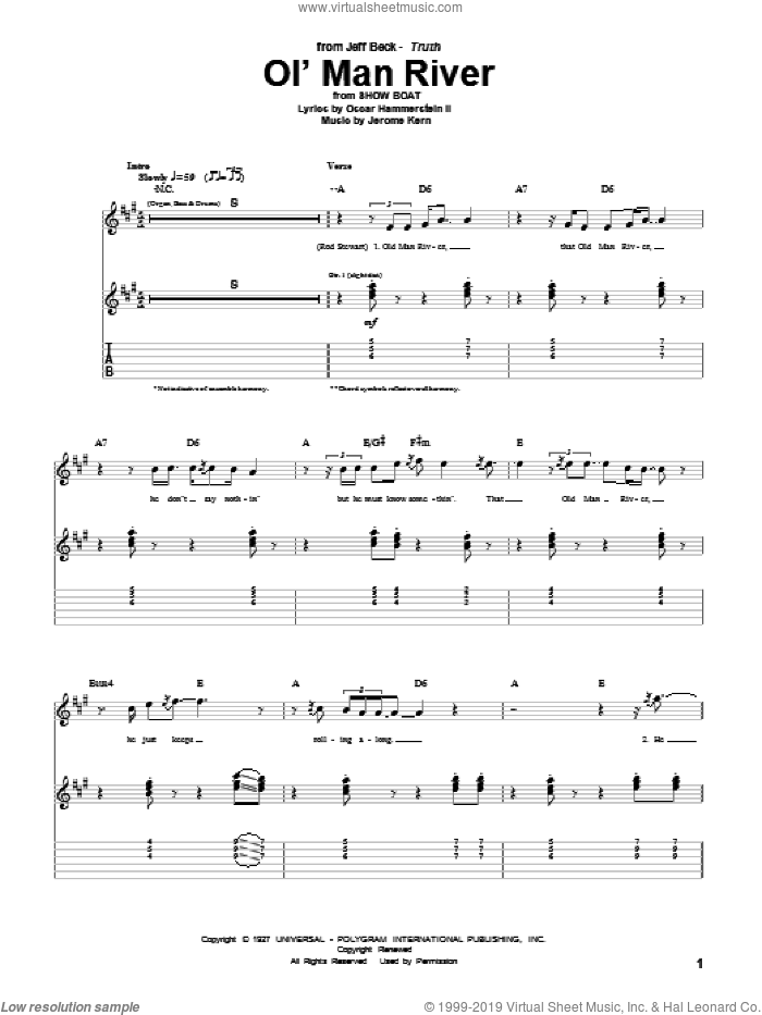 Ol' Man River sheet music for guitar (tablature) by Jeff Beck, Show Boat (Musical), Jerome Kern and Oscar II Hammerstein, classical wedding score, intermediate skill level