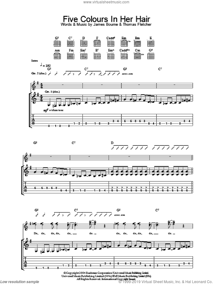 Five Colours In Her Hair sheet music for guitar (tablature) by McFly, Danny Jones, James Bourne and Thomas Fletcher, intermediate skill level