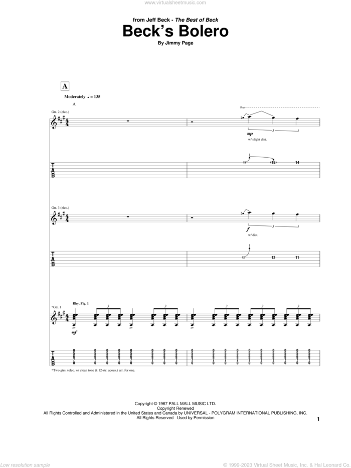 Beck's Bolero sheet music for guitar (tablature) by Jeff Beck and Jimmy Page, intermediate skill level