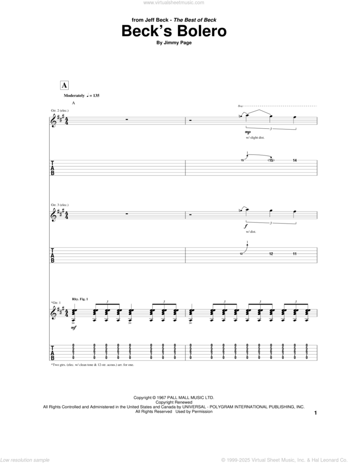 Beck's Bolero sheet music for guitar (tablature) by Jeff Beck and Jimmy Page, intermediate skill level