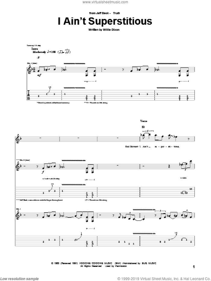I Ain't Superstitious sheet music for guitar (tablature) by Jeff Beck and Willie Dixon, intermediate skill level