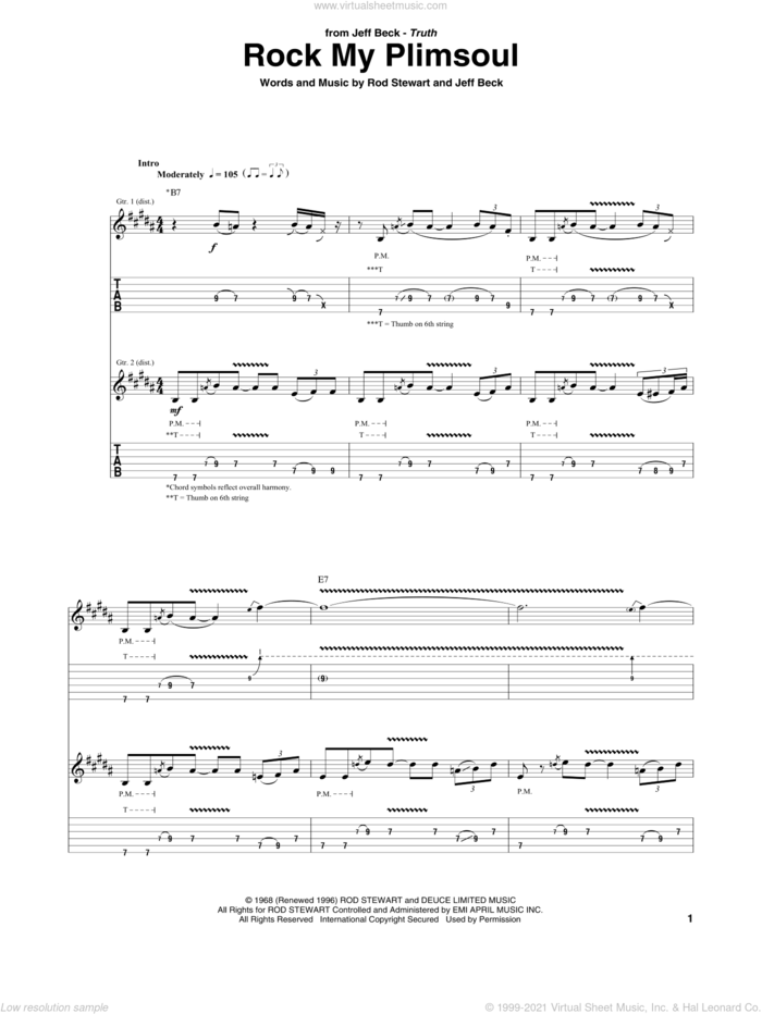 Rock My Plimsoul sheet music for guitar (tablature) by Jeff Beck and Rod Stewart, intermediate skill level