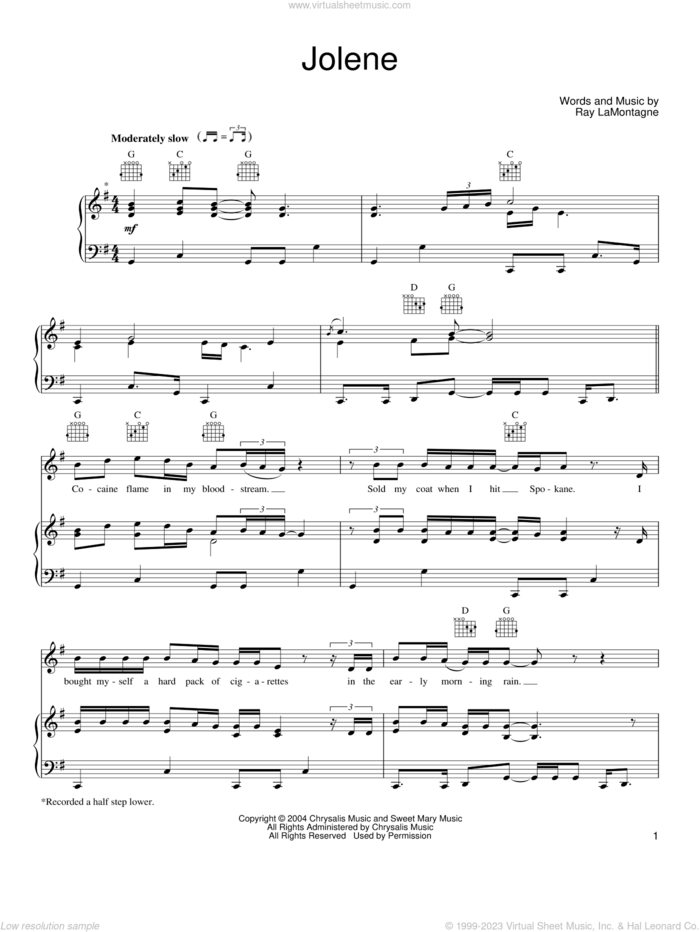 Jolene sheet music for voice, piano or guitar by Zac Brown Band and Ray LaMontagne, intermediate skill level