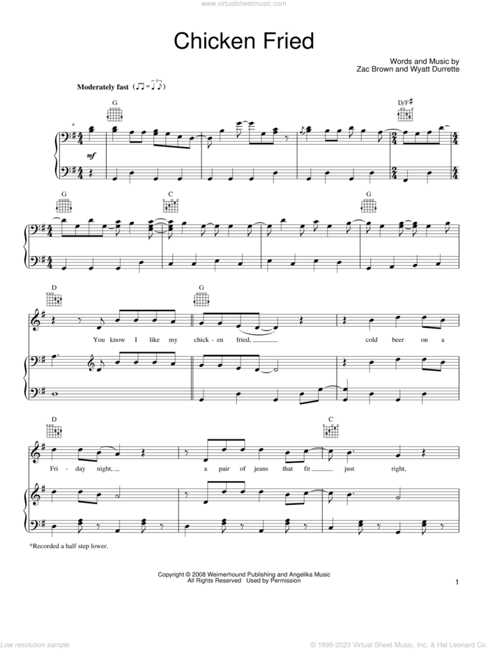 Chicken Fried sheet music for voice, piano or guitar by Zac Brown Band, Wyatt Durrette and Zac Brown, intermediate skill level