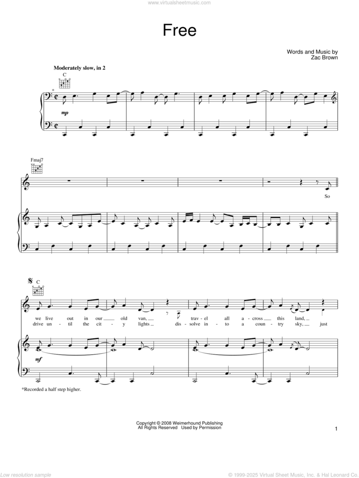 Free sheet music for voice, piano or guitar by Zac Brown Band and Zac Brown, intermediate skill level