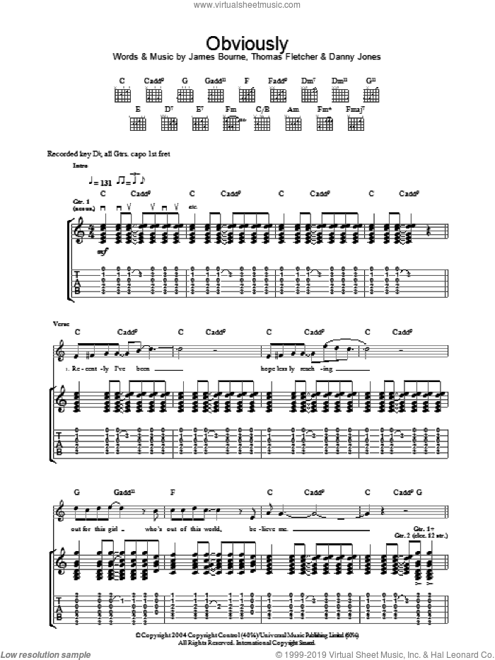 Obviously sheet music for guitar (tablature) by McFly, Danny Jones, James Bourne and Thomas Fletcher, intermediate skill level