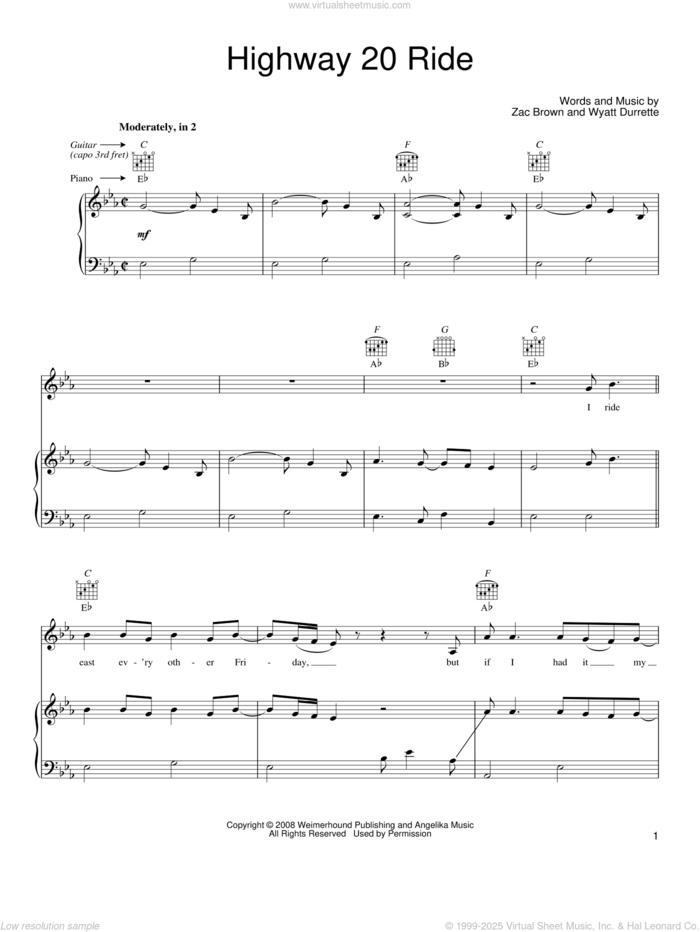 Highway 20 Ride sheet music for voice, piano or guitar by Zac Brown Band, Wyatt Durrette and Zac Brown, intermediate skill level