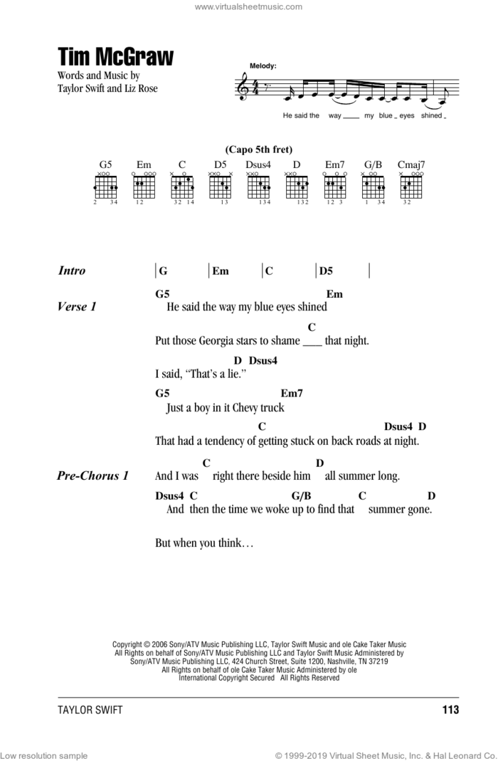 Tim McGraw sheet music for guitar (chords) by Taylor Swift and Liz Rose, intermediate skill level