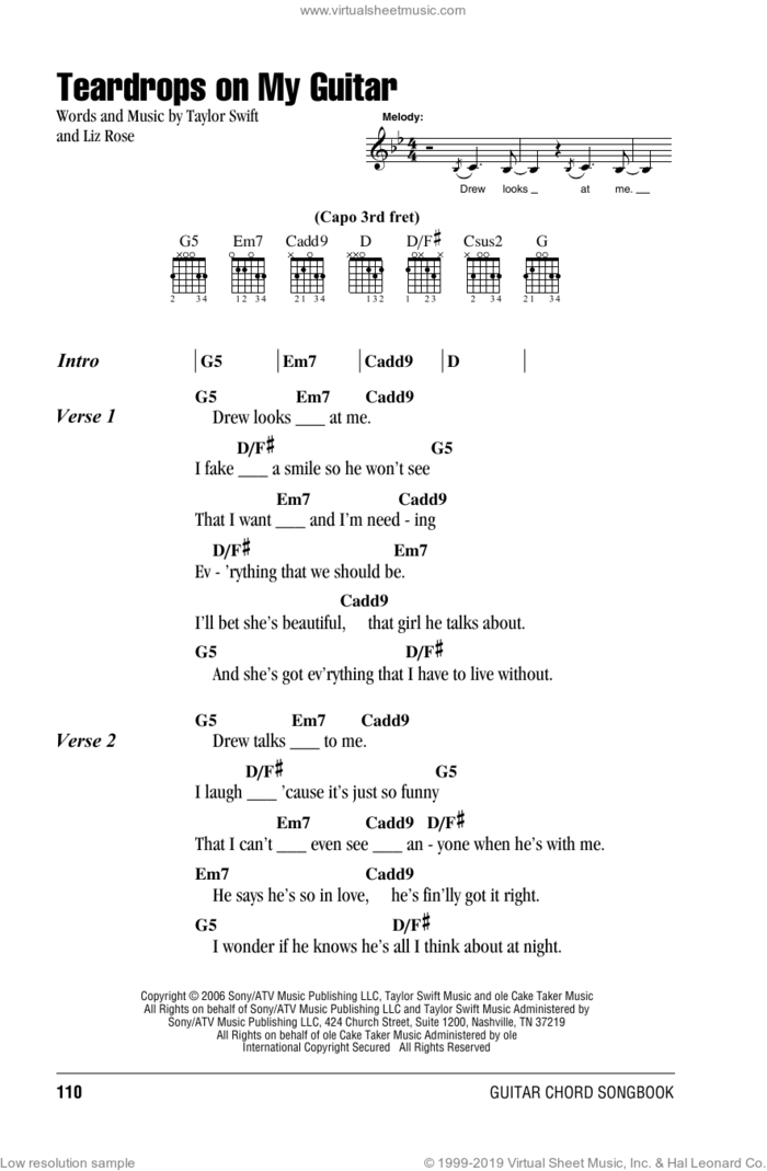 Teardrops On My Guitar sheet music for guitar (chords) by Taylor Swift and Liz Rose, classical score, intermediate skill level