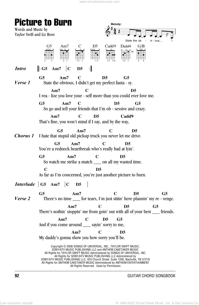 Picture To Burn sheet music for guitar (chords) by Taylor Swift and Liz Rose, intermediate skill level