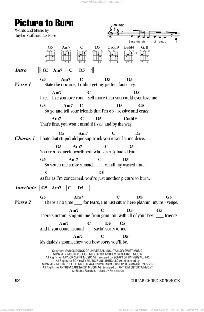 Picture To Burn sheet music for guitar (chords) by Taylor Swift and Liz Rose, intermediate skill level