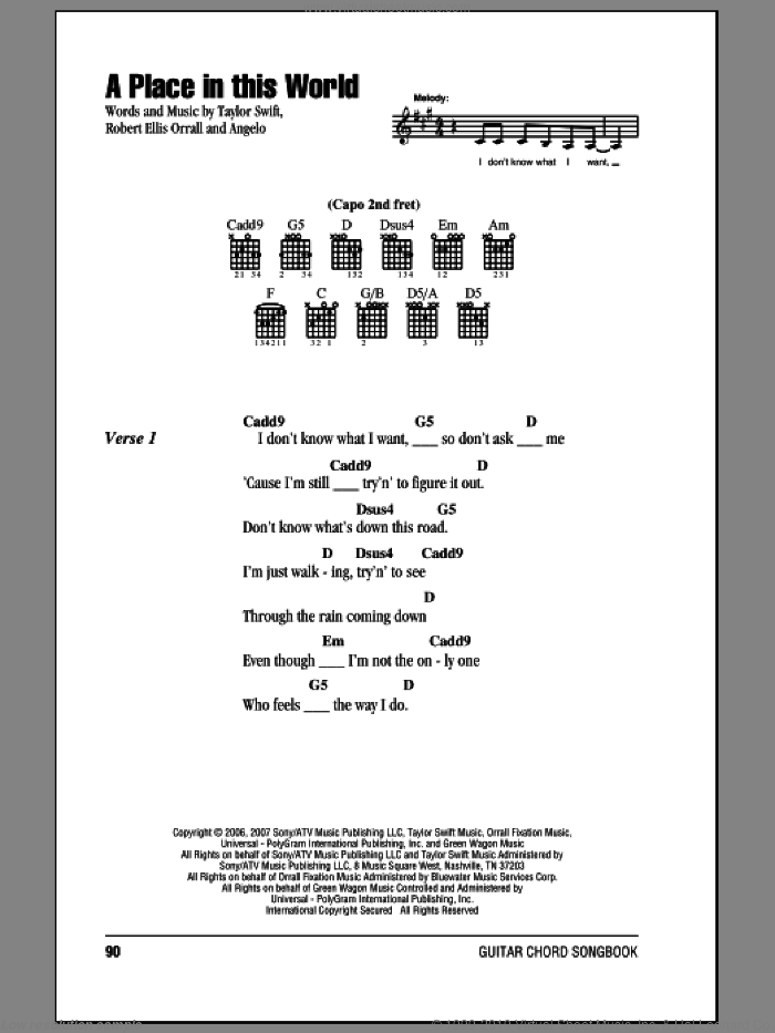 A Place In This World sheet music for guitar (chords) by Taylor Swift, Patty Griffin and Robert Ellis Orrall, intermediate skill level