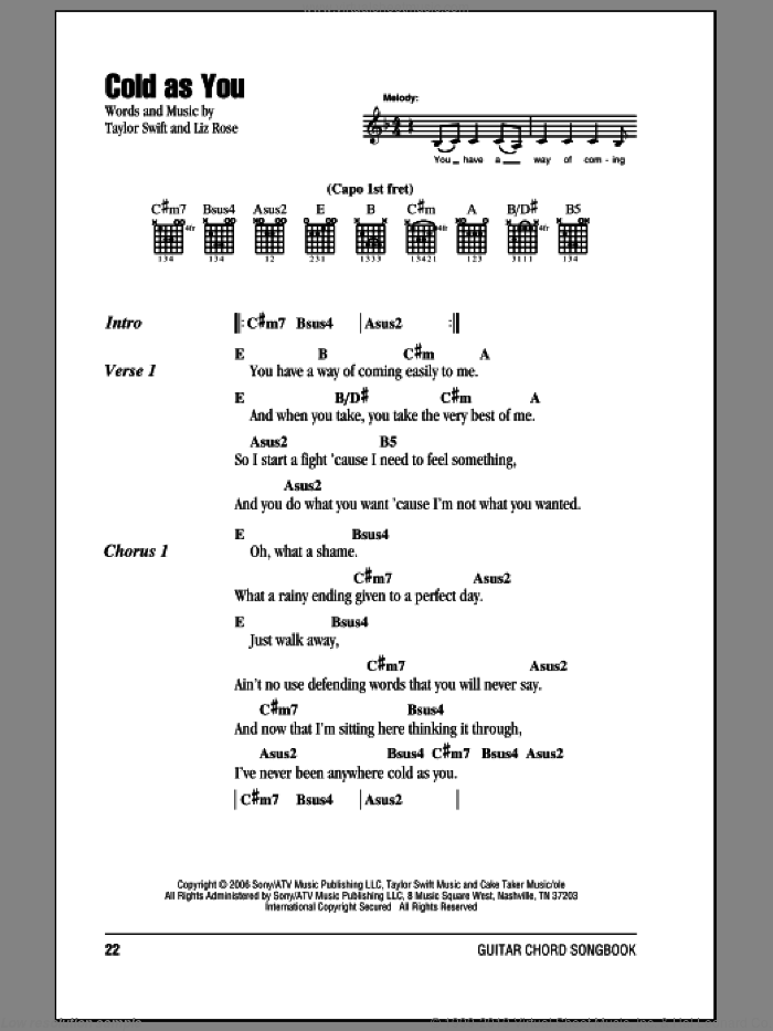 Cold As You sheet music for guitar (chords) by Taylor Swift and Liz Rose, intermediate skill level