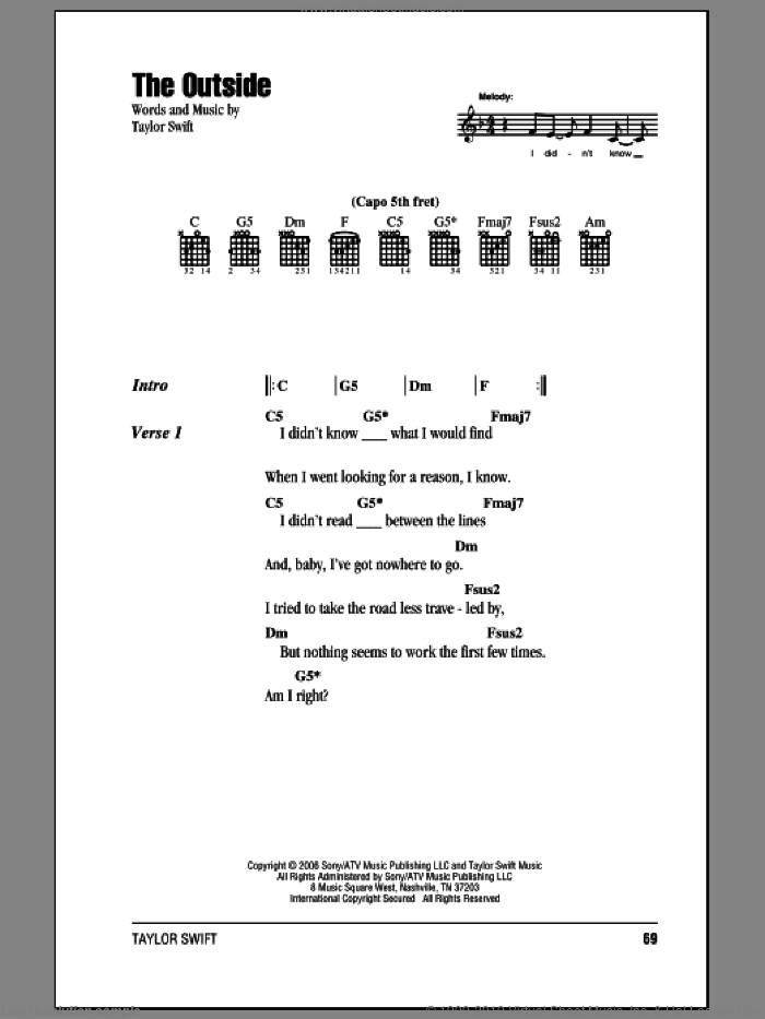 The Outside sheet music for guitar (chords) by Taylor Swift, intermediate skill level