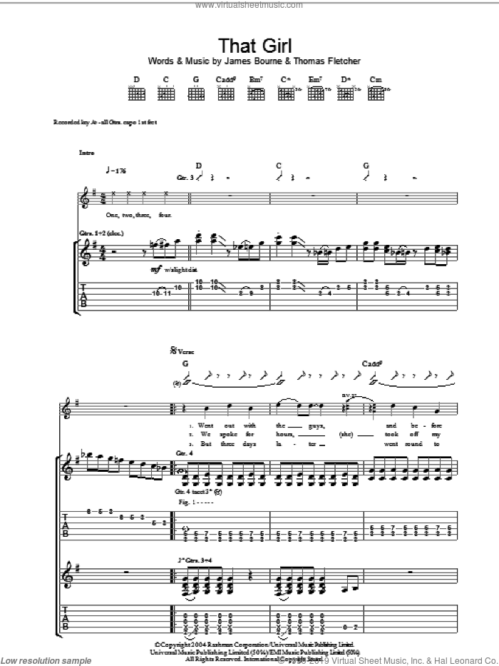 That Girl sheet music for guitar (tablature) by James Bourne, McFly and Thomas Fletcher, intermediate skill level