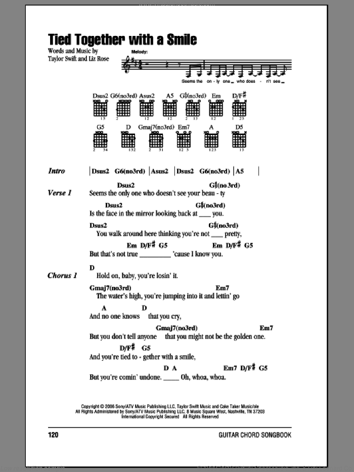 Tied Together With A Smile sheet music for guitar (chords) by Taylor Swift and Liz Rose, intermediate skill level