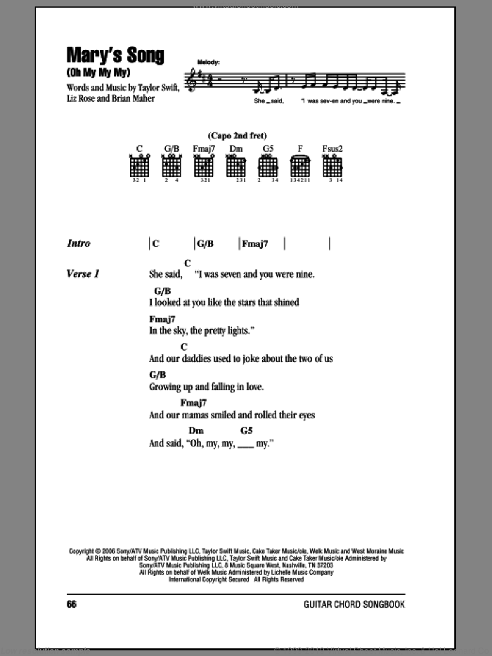 Mary's Song (Oh My My My) sheet music for guitar (chords) by Taylor Swift, Brian Maher and Liz Rose, intermediate skill level