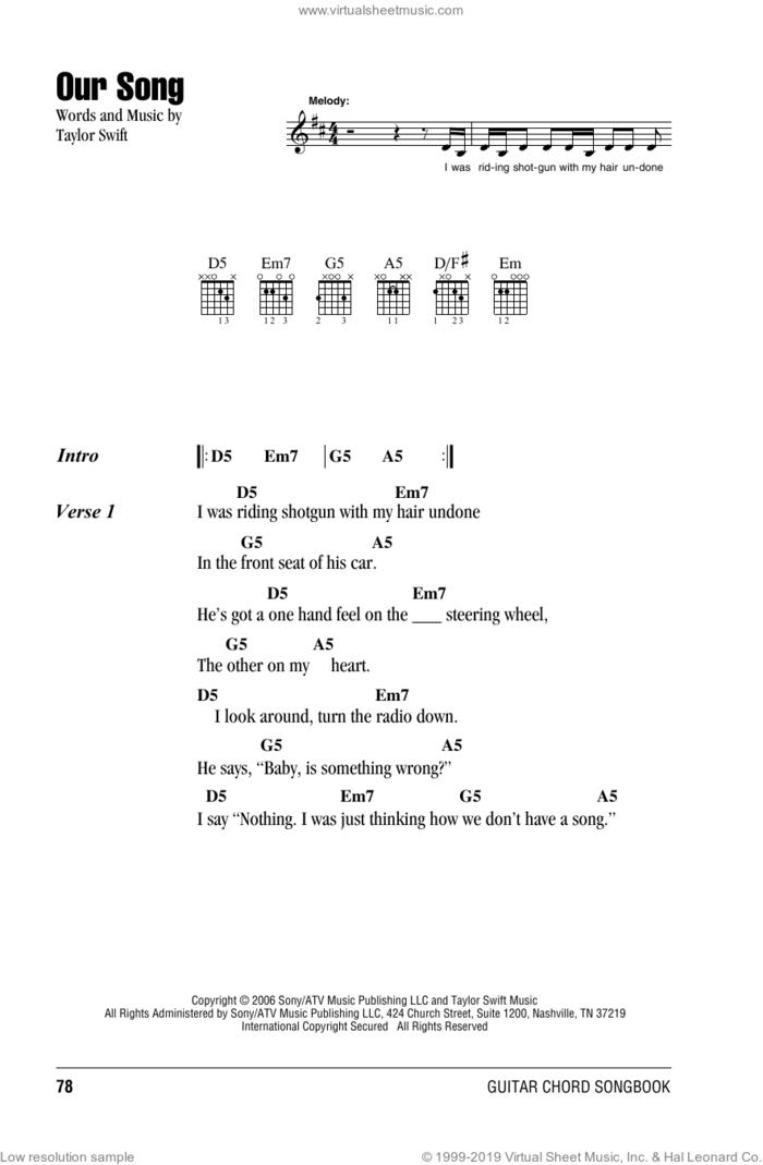 Our Song sheet music for guitar (chords) by Taylor Swift, intermediate skill level