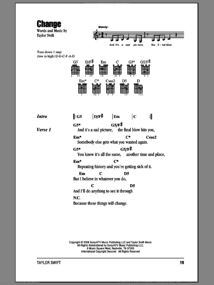 Change sheet music for guitar (chords) by Taylor Swift, intermediate skill level