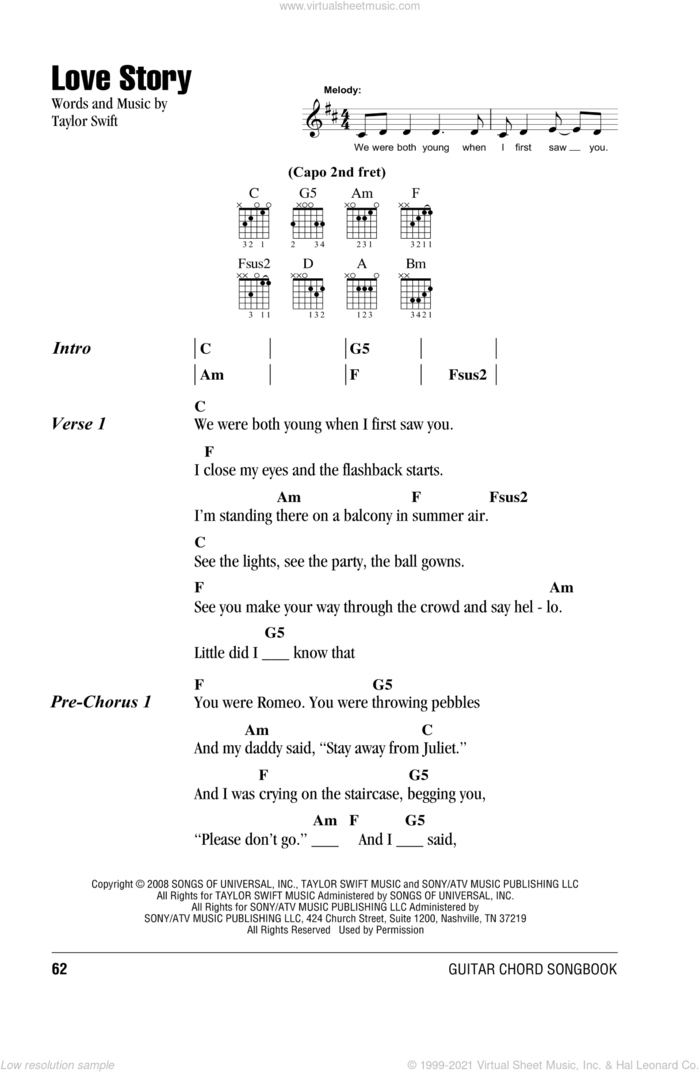 Love Story sheet music for guitar (chords) by Taylor Swift, intermediate skill level
