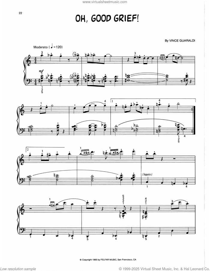 Oh, Good Grief (arr. Lee Evans) sheet music for piano solo by Vince Guaraldi and Lee Evans, intermediate skill level
