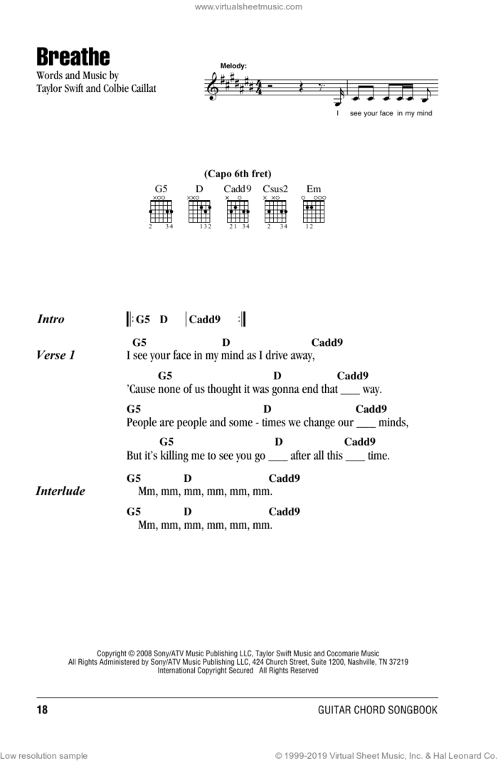 Breathe sheet music for guitar (chords) by Taylor Swift and Colbie Caillat, intermediate skill level
