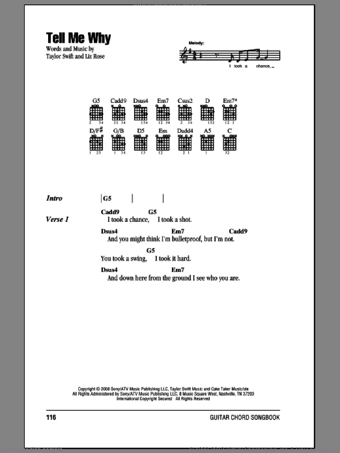 Tell Me Why sheet music for guitar (chords) by Taylor Swift and Liz Rose, intermediate skill level