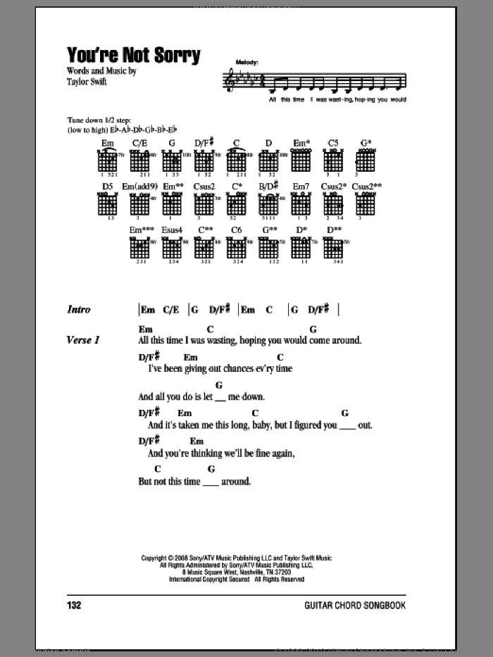 You're Not Sorry sheet music for guitar (chords) by Taylor Swift, intermediate skill level