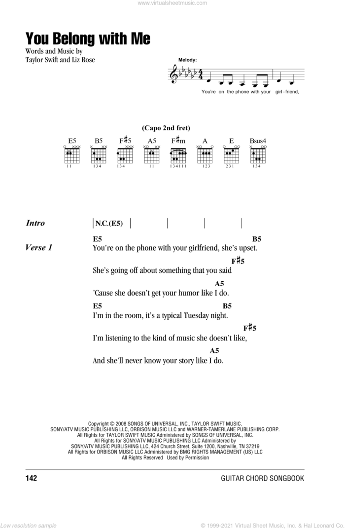 You Belong With Me sheet music for guitar (chords) by Taylor Swift and Liz Rose, intermediate skill level