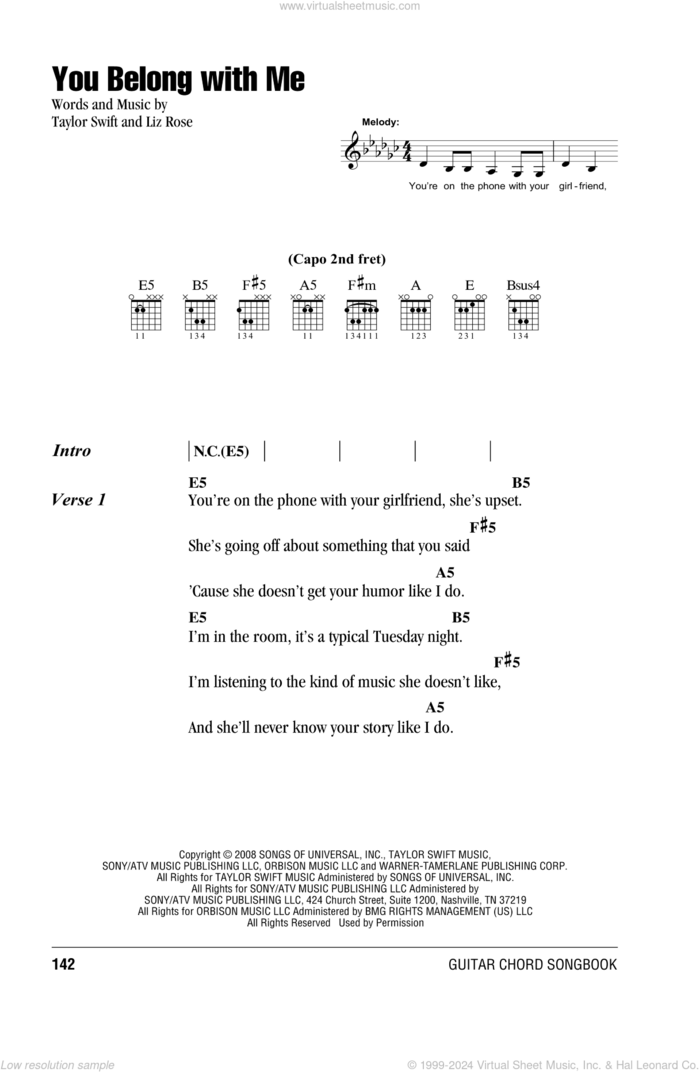 You Belong With Me sheet music for guitar (chords) by Taylor Swift and Liz Rose, intermediate skill level