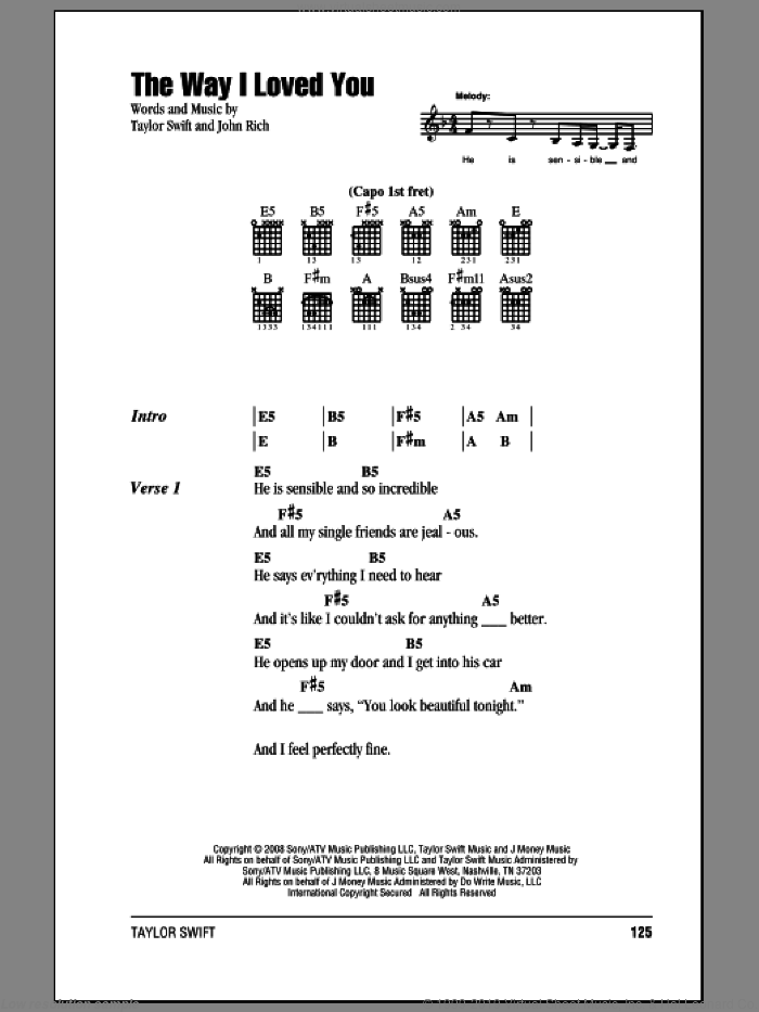 The Way I Loved You sheet music for guitar (chords) by Taylor Swift and John Rich, intermediate skill level