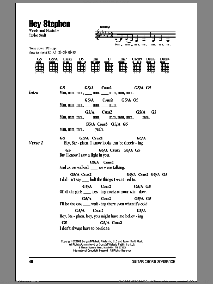 Hey Stephen sheet music for guitar (chords) by Taylor Swift, intermediate skill level