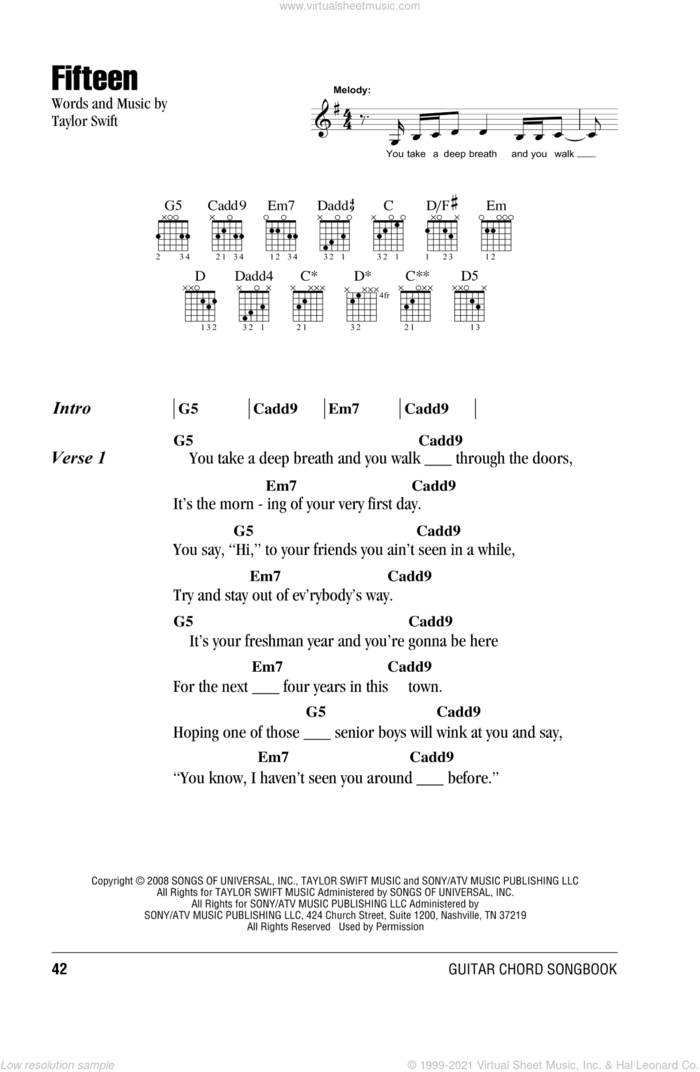 Fifteen sheet music for guitar (chords) by Taylor Swift, intermediate skill level