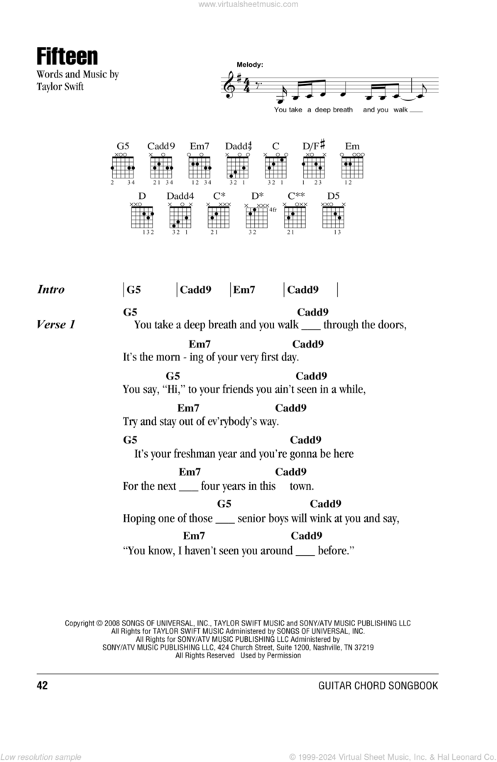 Fifteen sheet music for guitar (chords) by Taylor Swift, intermediate skill level