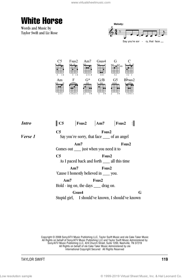 White Horse sheet music for guitar (chords) by Taylor Swift and Liz Rose, intermediate skill level
