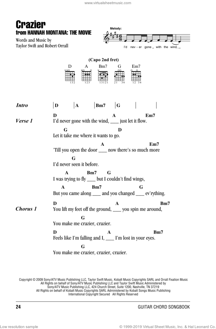 Crazier sheet music for guitar (chords) by Taylor Swift and Robert Ellis Orrall, intermediate skill level
