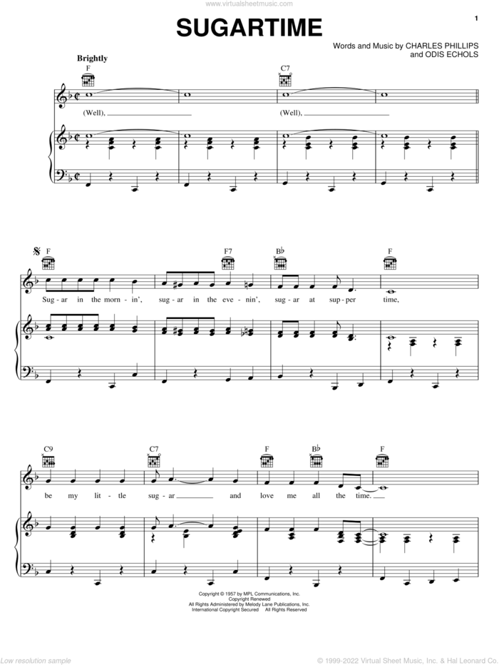Sugartime sheet music for voice, piano or guitar by McGuire Sisters, Charles Phillips and Odis Echols, intermediate skill level