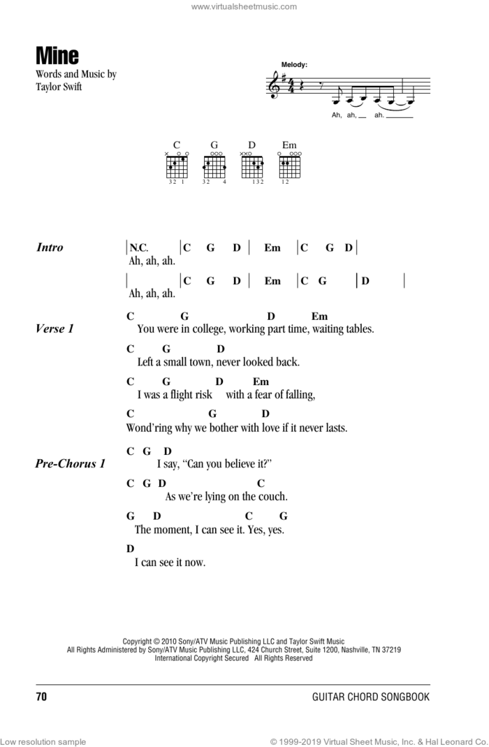 Mine sheet music for guitar (chords) by Taylor Swift, intermediate skill level