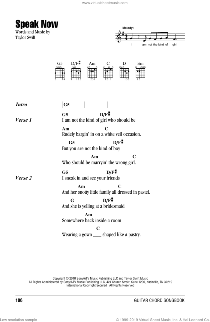 Speak Now sheet music for guitar (chords) by Taylor Swift, intermediate skill level