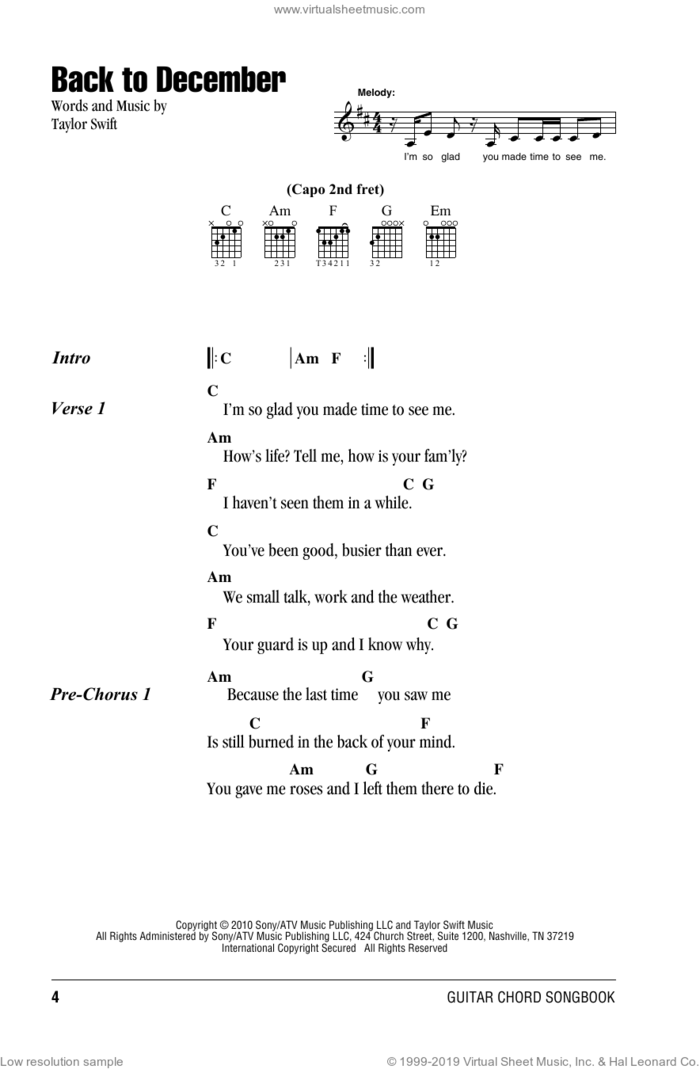 Back To December sheet music for guitar (chords) by Taylor Swift, intermediate skill level