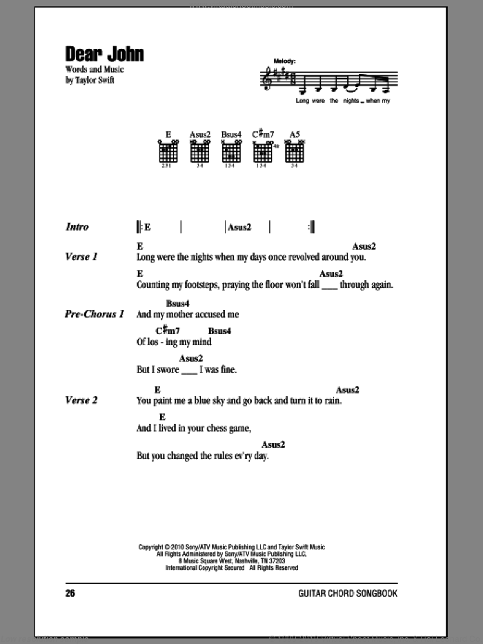 Dear John sheet music for guitar (chords) by Taylor Swift, intermediate skill level